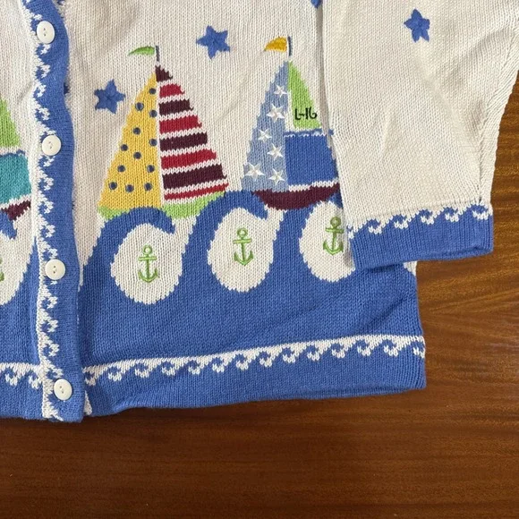 Quacker Factory Sweater L Cardigan Sailboats Nautical Anchors NWT Vintage Granny - Picture 3 of 9